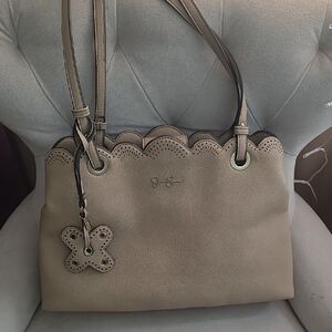 Jessica Simpson Taupe Scallop-Trim Shoulder Tote with Charm